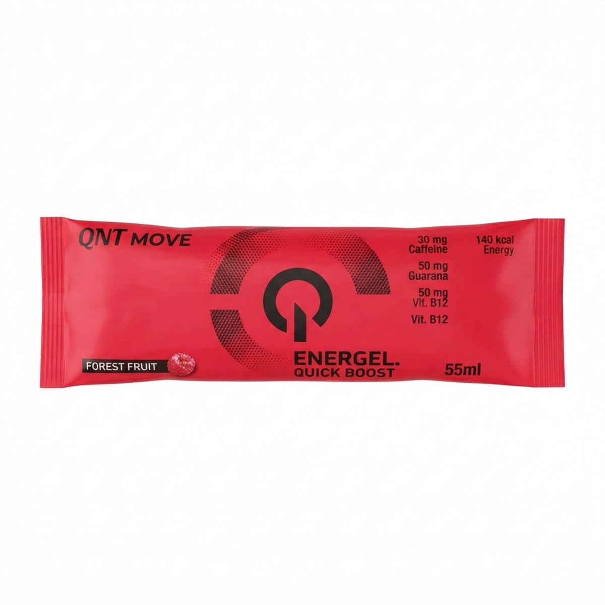 Gel Energético Energel QNT 55 ml sabor Forest Fruit - 35 g de carbohidratos, 30 mg de cafeína y guaraná - vista frontal del sobre