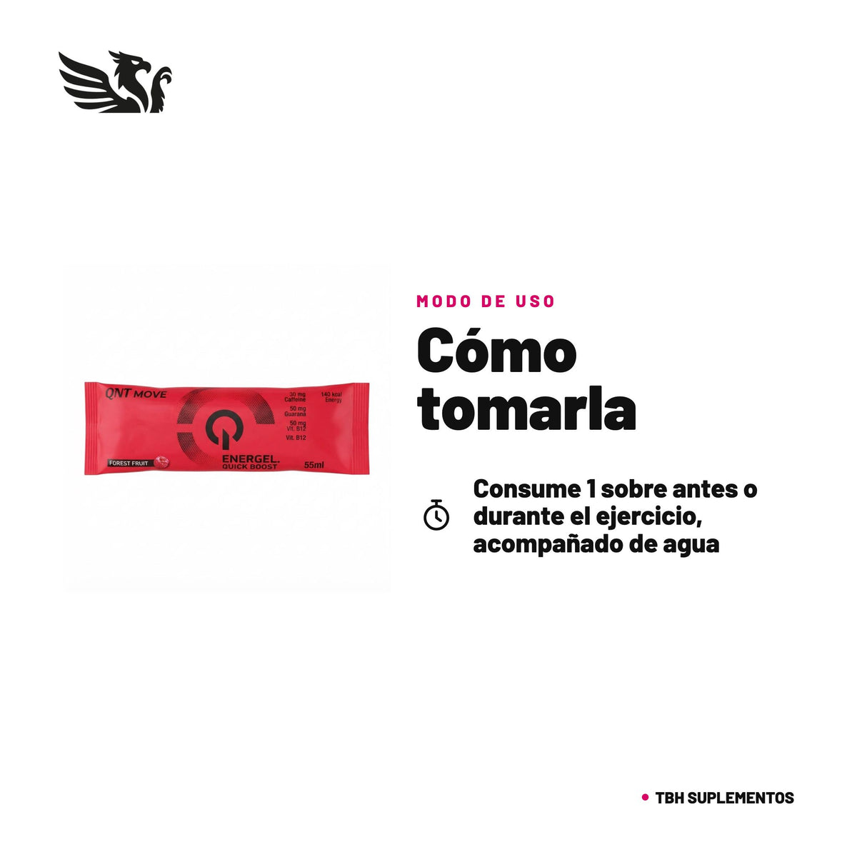 Energel QNT — cómo tomarla, modo de uso: Consume 1 sobre antes o durante el ejercicio, acompañado de agua. El envase recomienda 1 a 2 porciones al día. En esfuerzos largos, lo habitual es un gel cada 45 a 60 minutos a partir de la primera hora. Pruébalo primero en entrenamiento, nunca el día de la carrera…