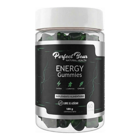 Energy Gummies de Perfect Bear — gomitas energéticas con cafeína, L-carnitina, ginseng y vitaminas, sabor manzana verde — frasco de 60 gomitas