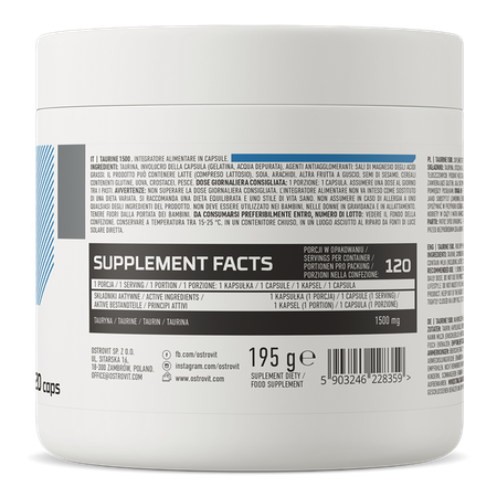 OstroVit Taurina 1500 mg 120 Cápsulas – Aminoácido para Energía, Resistencia y Salud Cardiovascular