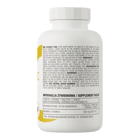 OstroVit Vitamina C 500 mg 30 Tabletas – Ácido L-Ascórbico, Sistema Inmune y Colágeno, 1 Mes