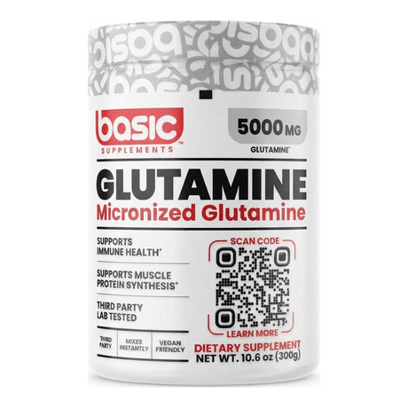 Glutamina Micronizada de Basic Supplements — L-glutamina pura en polvo, 5 g por porción, sin sabor, vegana y sin gluten, 60 porciones — envase blanco