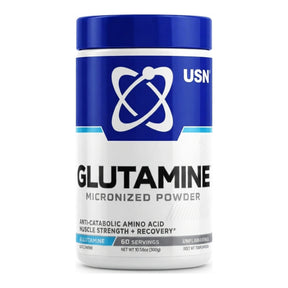 Glutamina Micronizada de USN — L-glutamina pura en polvo, 5 g por porción, sin sabor, 60 porciones — envase azul