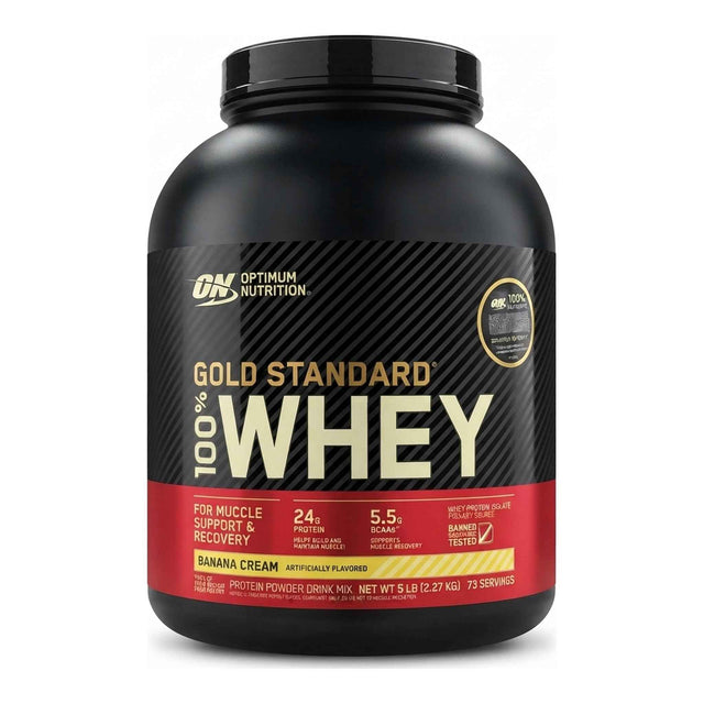 Proteína Gold Standard 100% Whey Optimum Nutrition sabor Banana Cream — proteína de suero con aislado como ingrediente principal, 24 g de proteína por porción — vista frontal del envase
