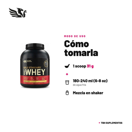 Gold Standard 100% Whey — cómo tomarla, modo de uso: 1 scoop (31 g) en 180-240 ml (6-8 oz) de agua fría, leche u otra bebida, 1 porción al día o según tu requerimiento de proteína. Agita 20-30 segundos hasta disolver. 100% original, envío a todo Chile.