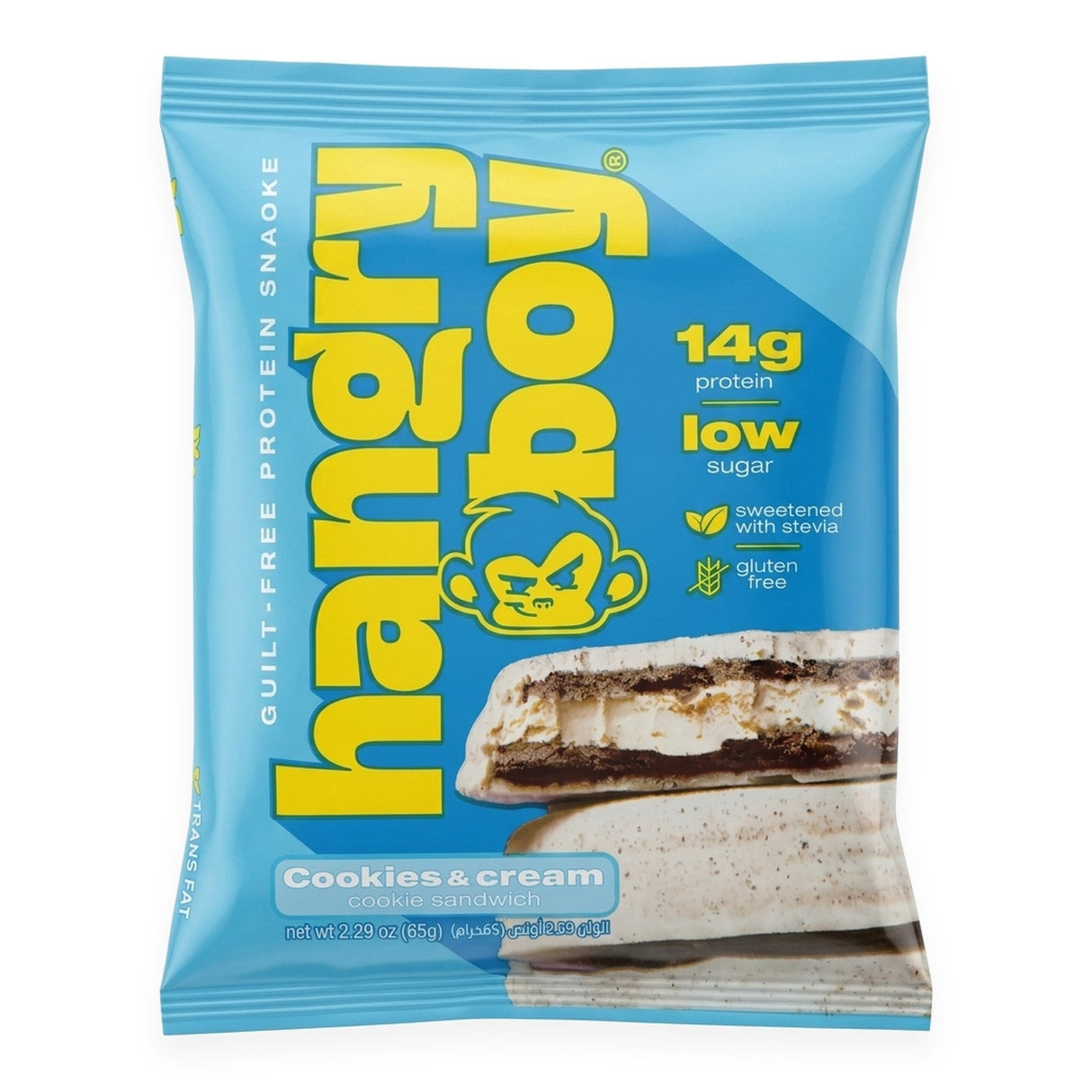 Galleta proteica Hangry Boy Your Goal sabor Cookies and Cream 65g - 14 g de proteína por porción, sin gluten - vista frontal del envase