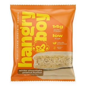 Galleta proteica Hangry Boy Your Goal sabor White Chocolate Peanut Butter 65g - 14 g de proteína por porción, sin gluten - vista frontal del envase