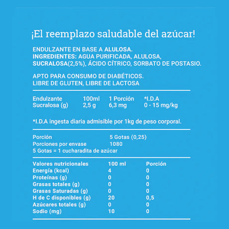 Información nutricional de Alusweet Líquido 270ml. Detalle de cero calorías e ingredientes endulzantes.