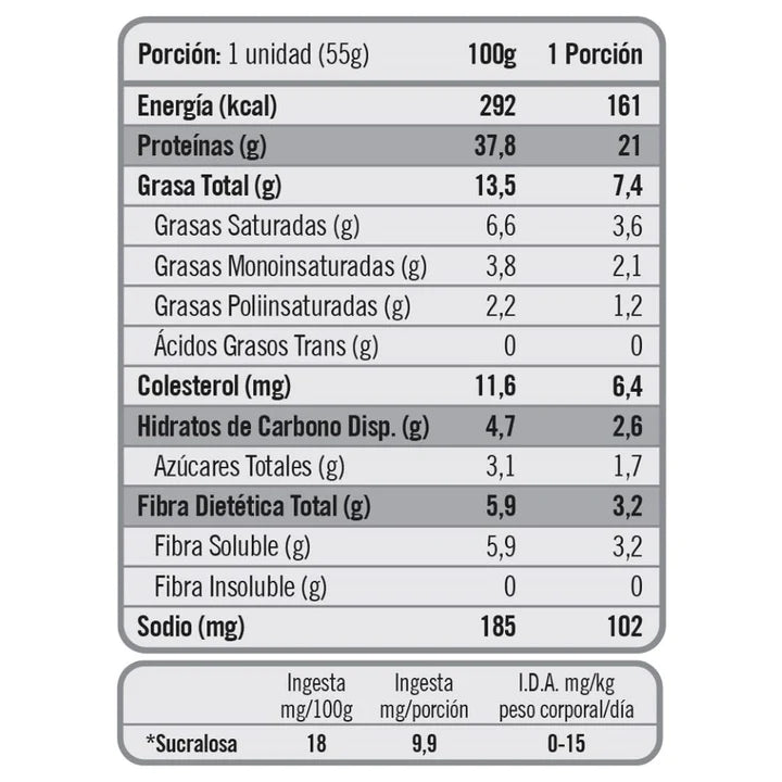 Tabla nutricional de Barra Bite Black & White. Detalle de proteínas, calorías y carbohidratos por porción.