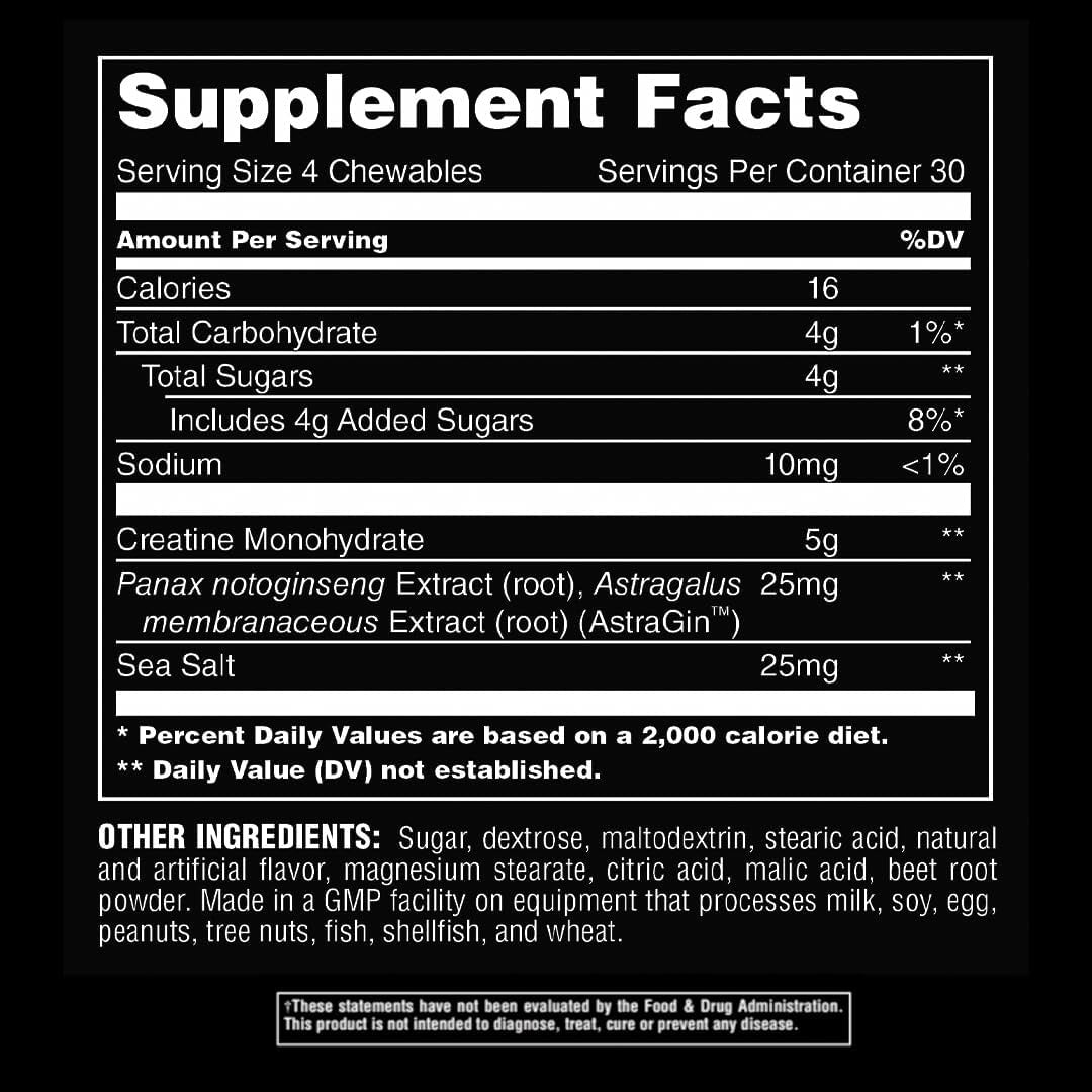 Información nutricional de Creatina Animal Chew Tabs, 5g por porción