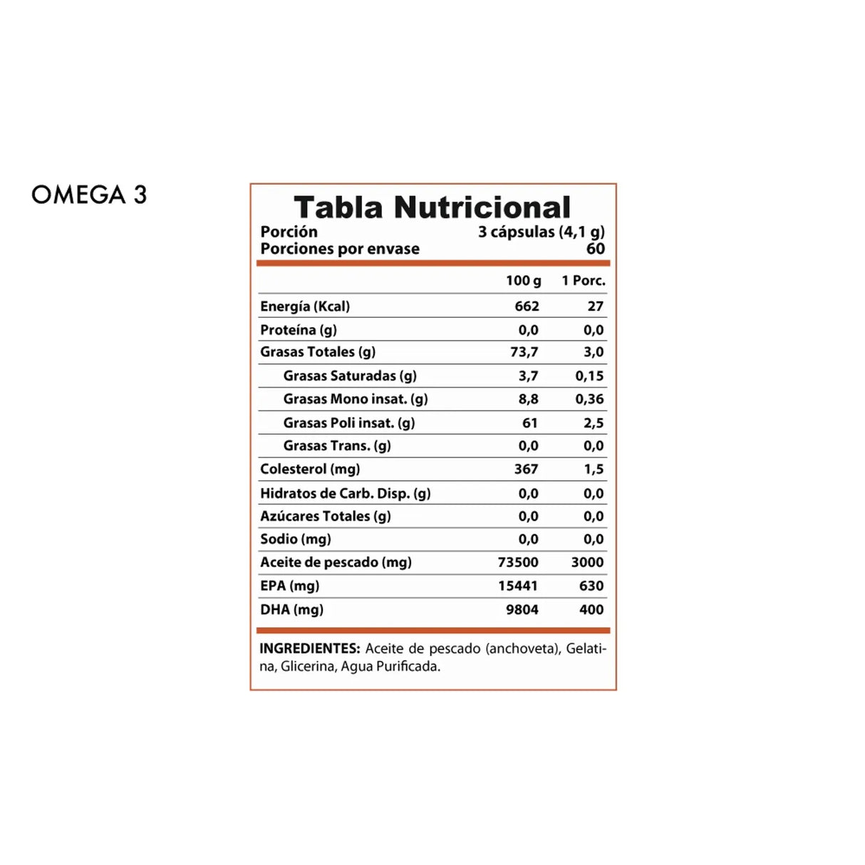 Tabla de información nutricional del Omega 3 Fish Oil Winkler Nutrition (180 cápsulas). Detalla 3000mg aceite de pescado, 630mg EPA, 400mg DHA por porción
