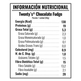 tabla de información nutricional de la Barra Twenty's Chocolate Fudge (Unidad). Detalle de 19g proteína, 130 kcal, 0% azúcar añadida y Sin Gluten