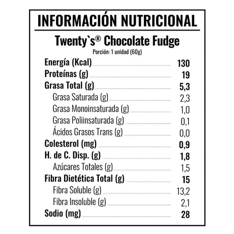tabla de información nutricional de la Barra Twenty's Chocolate Fudge (Unidad). Detalle de 19g proteína, 130 kcal, 0% azúcar añadida y Sin Gluten