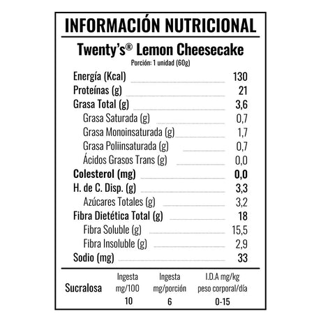 Tabla de información nutricional de la Barra Twenty's Lemon Cheesecake (Unidad). Detalle de 21g proteína, 130 kcal, 0% azúcar añadida, Keto-Friendly y Sin Gluten