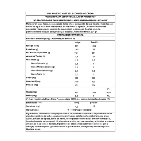 informacion nutricional del ganador de peso anabolic mass sabor coockies and cream 