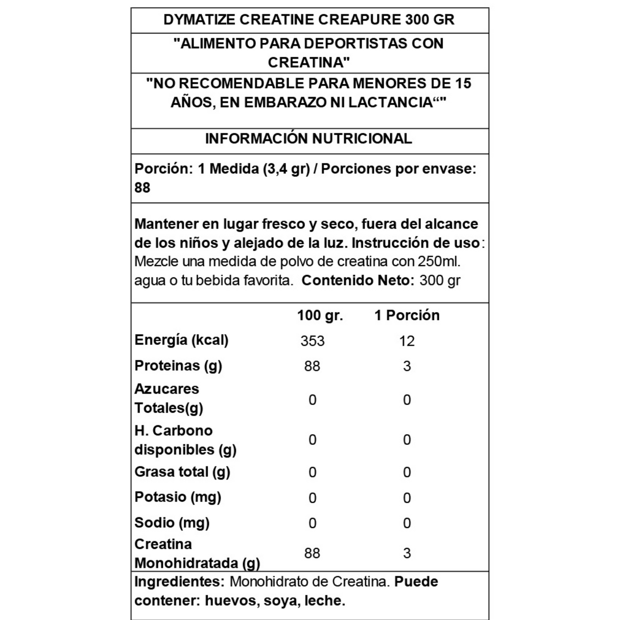 informacion nutricional de la creatina de dymatize