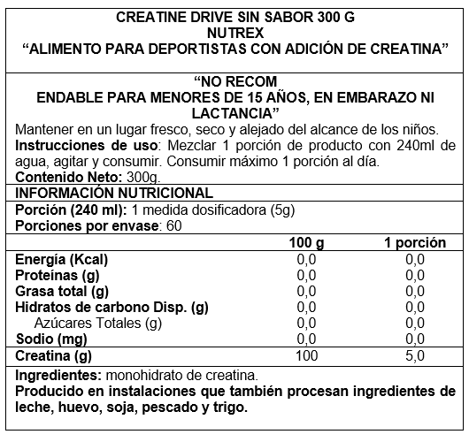 informacion nutricional creatina drive de la marca nutrex