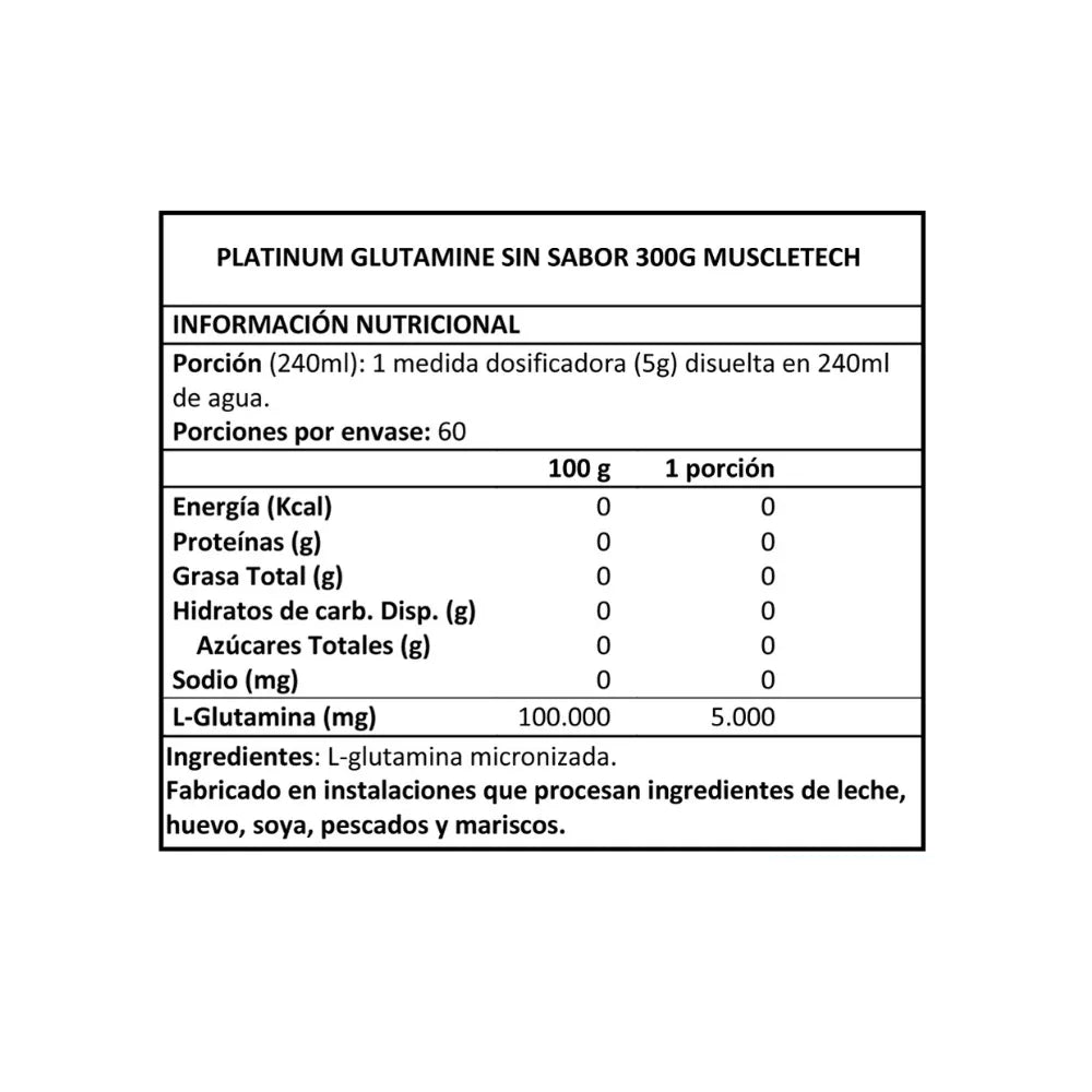 informacion nutricional Platinum 100% Glutamine (300 g)