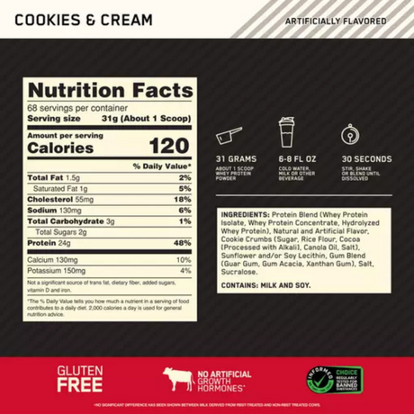 información nutricional gold standard sabor coockies and cream 