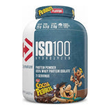 Proteína ISO 100 Dymatize sabor Cocoa Pebbles — aislado de suero hidrolizado, 25 g de proteína por porción — vista frontal del envase