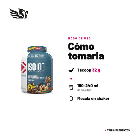 ISO 100 Dymatize — cómo tomarla, modo de uso: 1 scoop (32 g) en 180-240 ml de agua fría, 1 porción al día o según tu requerimiento de proteína. Agita 20-30 segundos hasta disolver. 100% original, envío a todo Chile.