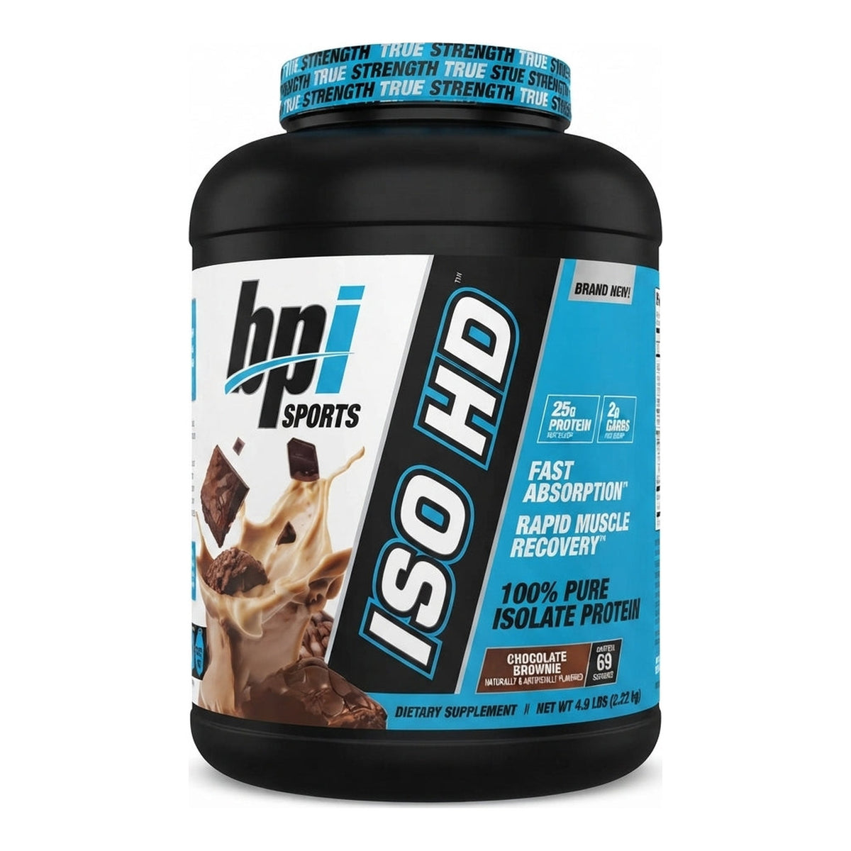 Proteína ISO HD BPI Sports sabor Chocolate Brownie — 100% aislado de suero, 25 g de proteína por porción — vista frontal del envase