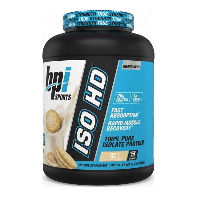Proteína ISO HD BPI Sports sabor Vainilla Cookie — 100% aislado de suero, 25 g de proteína por porción — vista frontal del envase