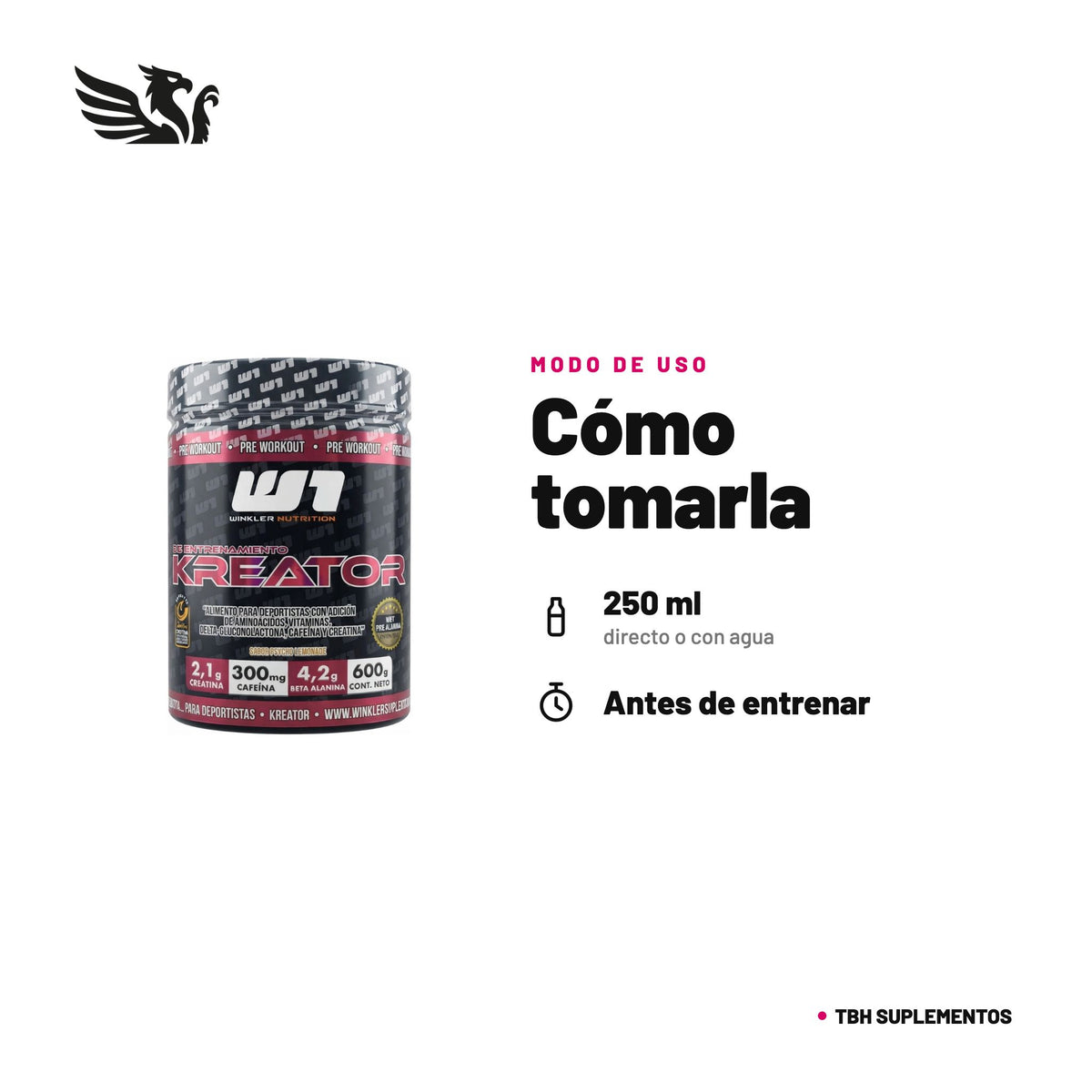 Kreator Pre-Entreno Winkler Nutrition — cómo tomarla, modo de uso: Empieza con 1/2 porción (10 g) en 250 ml de agua fría para medir tu tolerancia. Al adaptarte, sube a 3/4 y luego a 1 porción. Toma 30-40 min antes de entrenar. Máximo 1 porción al día. 100% original, envío a todo Chile.