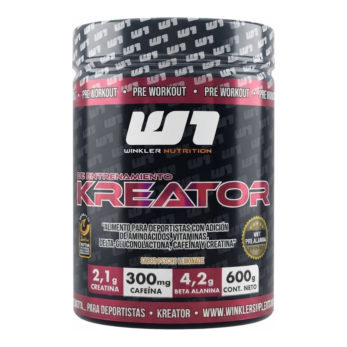 Kreator de Winkler Nutrition — pre-entreno en polvo con 300 mg de cafeína, creatina y beta-alanina por porción, vegano — envase negro y rojo, sabor Psycho Lemonade