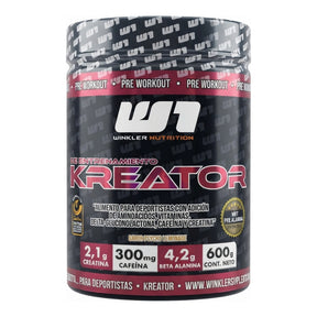 Kreator de Winkler Nutrition — pre-entreno en polvo con 300 mg de cafeína, creatina y beta-alanina por porción, vegano — envase negro y rojo, sabor Psycho Lemonade