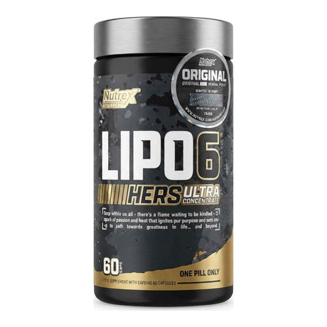 Lipo-6 Black Hers Ultra Concentrate de Nutrex — cápsulas con 222 mg de cafeína, L-carnitina, folato, vitamina B12 y cromo — envase de 60 cápsulas
