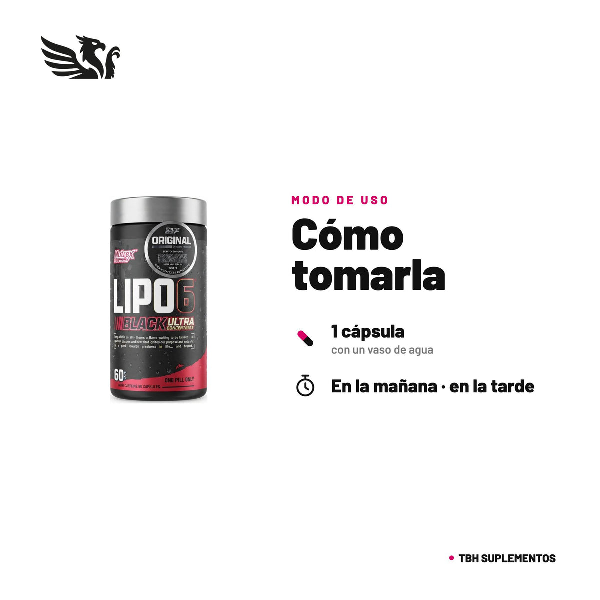 Lipo-6 Black Ultra Concentrate Nutrex — cómo tomarla, modo de uso: Dosis para adultos: 1 cápsula en la mañana y 1 en la tarde. No superar 2 cápsulas al día. No tomar con alimentos ni dentro de las 6 horas previas a dormir. Usar solo según indicaciones. 100% original, envío a todo Chile.