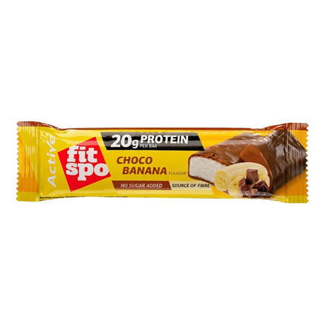Barra de proteína Low Carb Bar FitSpo sabor Choco Banana 60g - 20 g de proteína y 1,5 g de azúcares por barra - vista frontal del envase