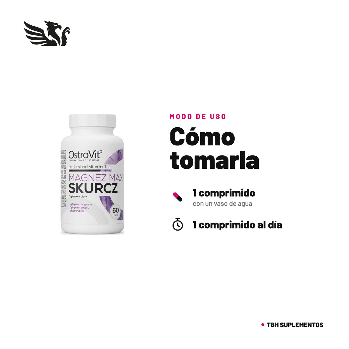 Magnesio Max OstroVit — cómo tomarla, modo de uso: Toma 1 comprimido al día, 15 minutos después de una comida. No superar la dosis diaria recomendada. 100% original, envío a todo Chile.