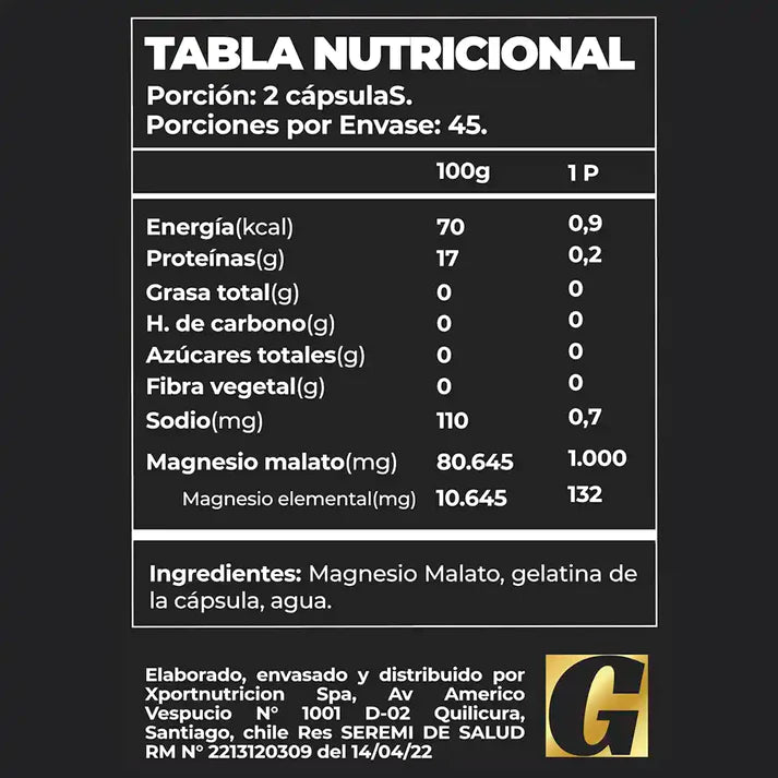 informacion nutricional Magnesio pro greatlhete (90 caps)