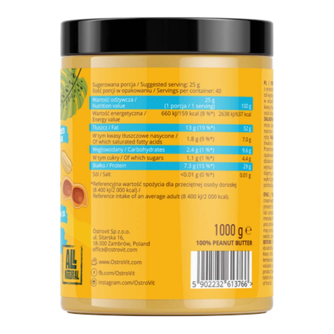 OstroVit Snack 100% Mantequilla de Maní Smooth 1000 g – Natural, Sin Azúcar, Sin Sal y Sin Aceite de Palma