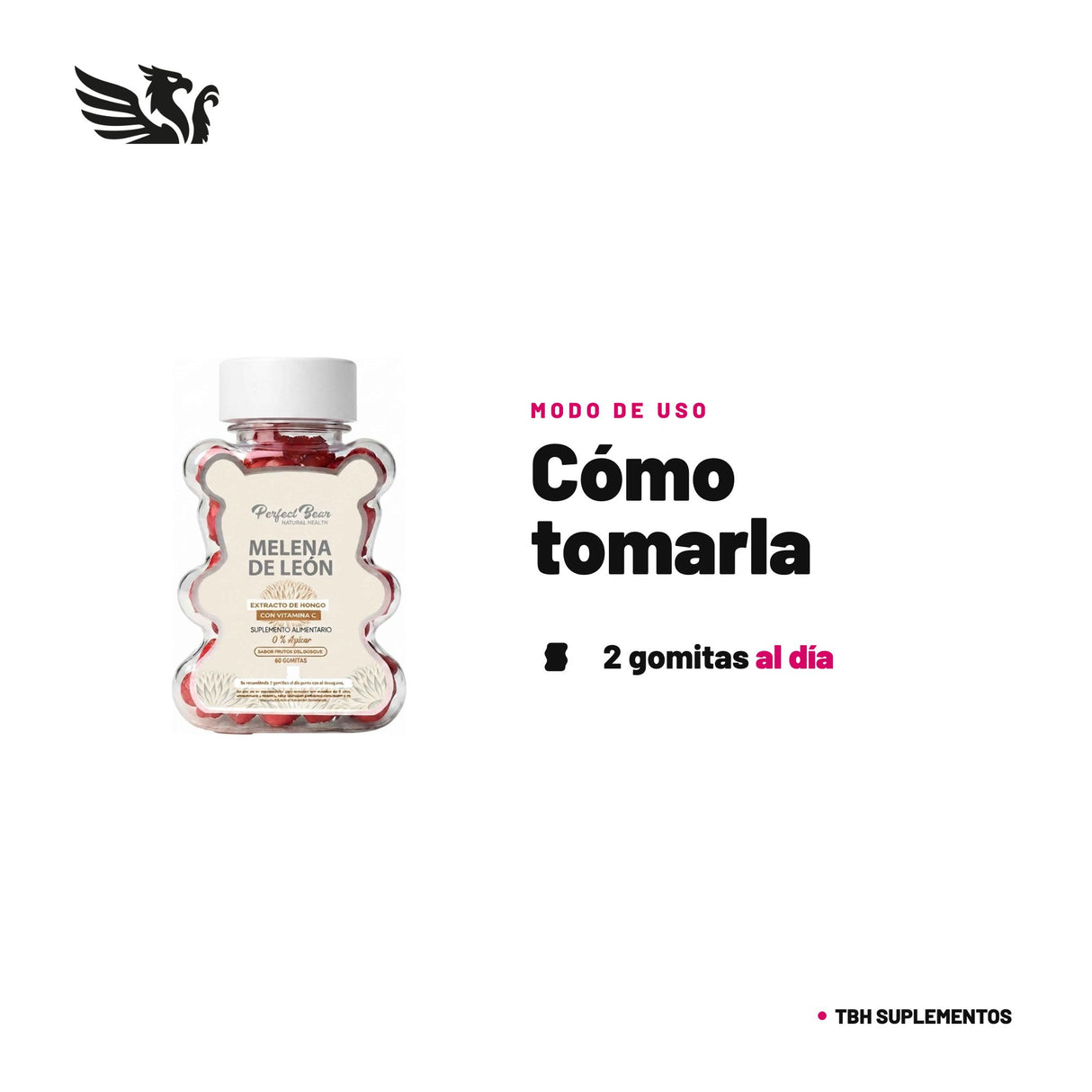 Melena de León con Vitamina C Perfect Bear — cómo tomarla, modo de uso: Toma 2 gomitas (1 porción) al día. No superar la dosis diaria recomendada. Suplemento alimenticio; no reemplaza una alimentación balanceada. 100% original, envío a todo Chile.