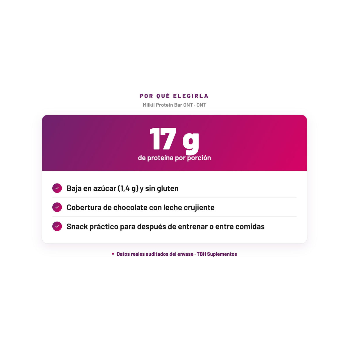 Milkii Protein Bar QNT — 17 g de proteína por porción; Baja en azúcar (1,4 g) y sin gluten; Cobertura de chocolate con leche crujiente; Snack práctico para después de entrenar o entre comidas