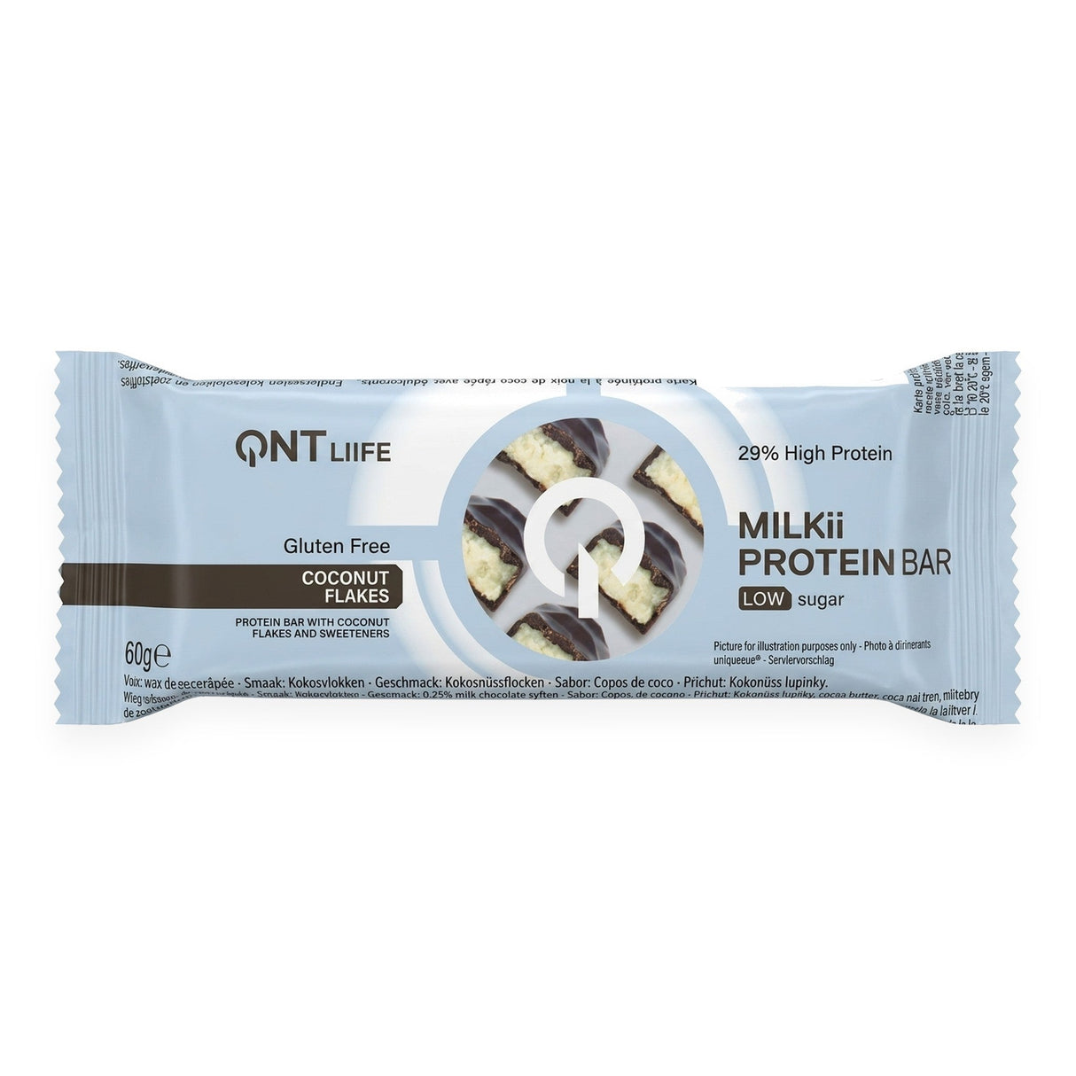 Barra de proteína Milkii QNT sabor Coconut Flakes 60g - sin gluten - vista frontal del envase