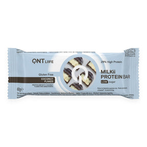 Barra de proteína Milkii QNT sabor Coconut Flakes 60g - sin gluten - vista frontal del envase