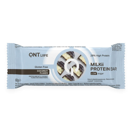 Barra de proteína Milkii QNT sabor Coconut Flakes 60g - sin gluten - vista frontal del envase