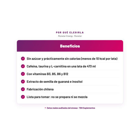 Monster Energy — Sin azúcar y prácticamente sin calorías (menos de 10 kcal por lata); Cafeína, taurina y L-carnitina en una lata de 473 ml; Con vitaminas B3, B5, B6 y B12; Extracto de semilla de guaraná e inositol; Fabricación chilena; Lista para tomar: no se prepara ni se mezcla
