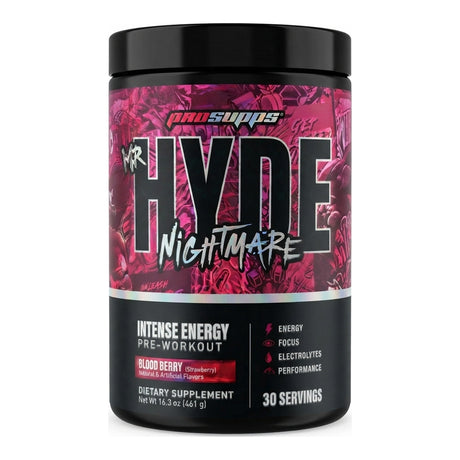 Mr. Hyde Nightmare de ProSupps — pre-entreno en polvo con 300 mg de cafeína, beta-alanina y creatina por porción, elaborado en Chile — envase rojo, sabor Blood Berry