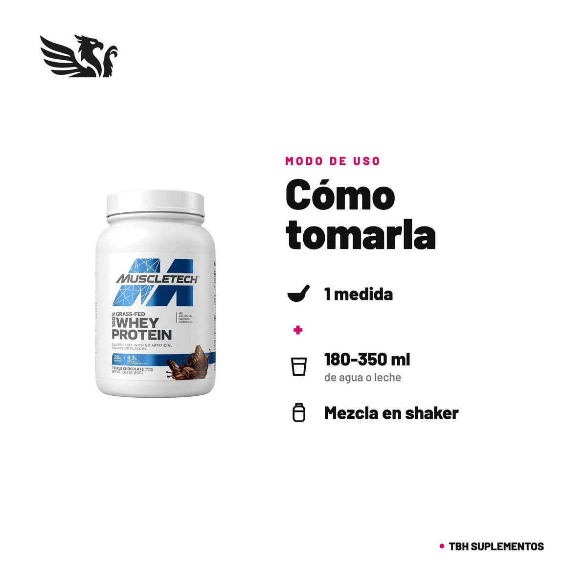 MuscleTech 100% Grass-Fed Whey — cómo tomarla, modo de uso: 1 medida en 180-350 ml de agua o leche, 1 a 2 veces al día. 100% original, envío a todo Chile.