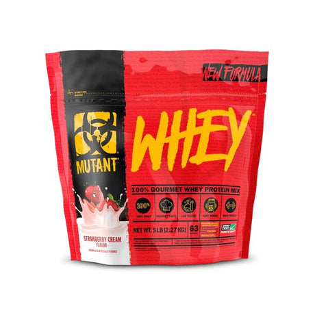  Mutant Whey de Mutant, suplemento de proteína sabor frutilla, envase de 5 lb, ideal para crecimiento muscular y recuperación, 22g de proteína por porción