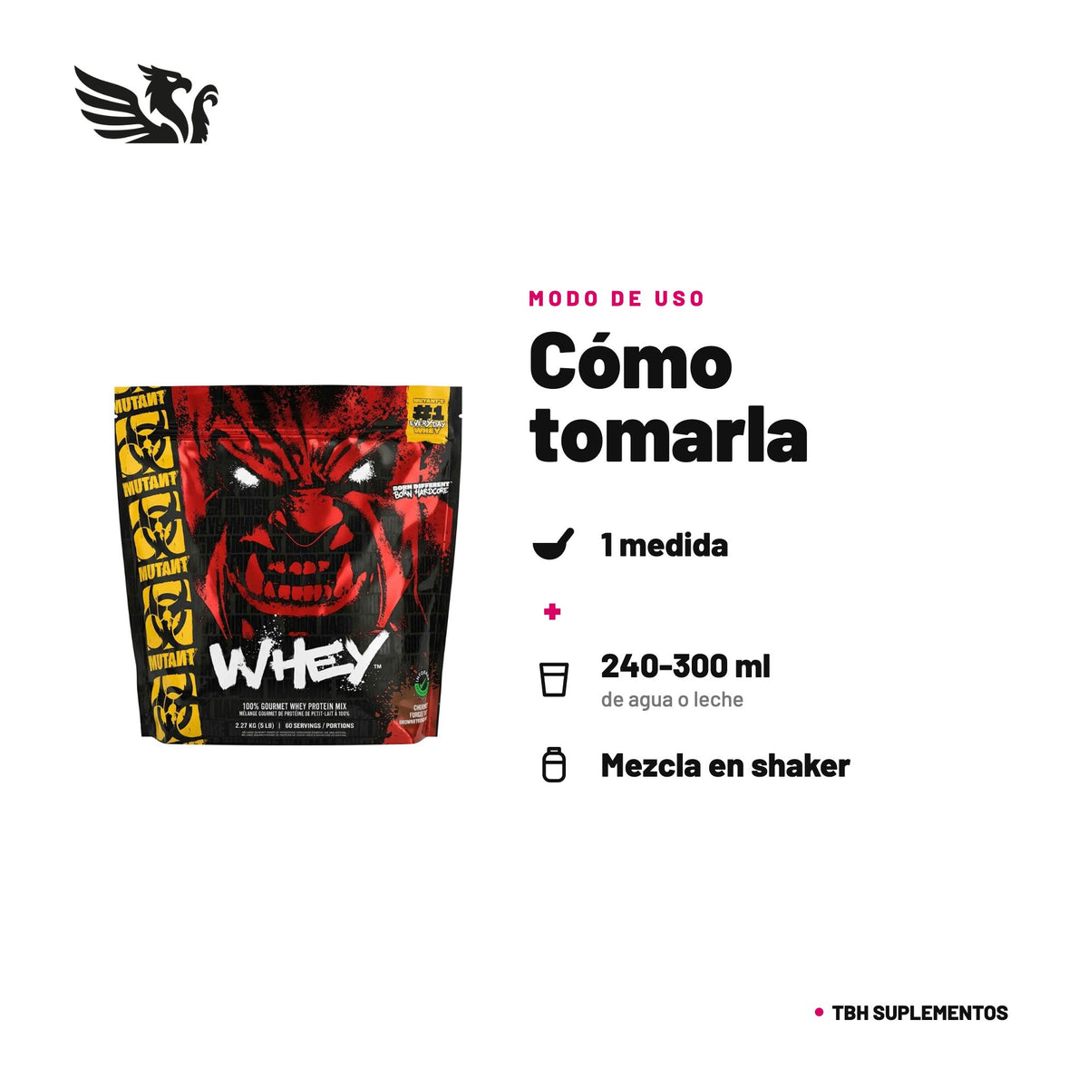 Mutant Whey — cómo tomarla, modo de uso: 1 medida en 240-300 ml de agua o leche, 1 a 2 veces al día. 100% original, envío a todo Chile.