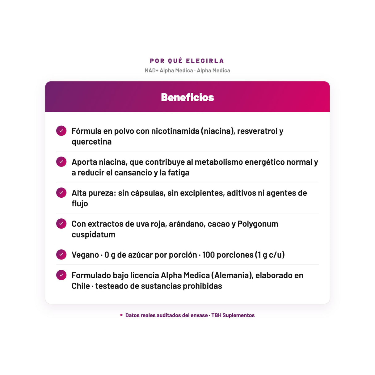 NAD+ Alpha Medica — Fórmula en polvo con nicotinamida (niacina), resveratrol y quercetina; Aporta niacina, que contribuye al metabolismo energético normal y a reducir el cansancio y la fatiga; Alta pureza: sin cápsulas, sin excipientes, aditivos ni agentes de flujo; Con extractos de uva roja, arándano, cacao y Polygonum cuspidatum; Vegano · 0 g de azúcar por porción · 100 porciones (1 g c/u); Formulado bajo licencia Alpha Medica (Alemania), elaborado en Chile · testeado de sustancias prohibidas
