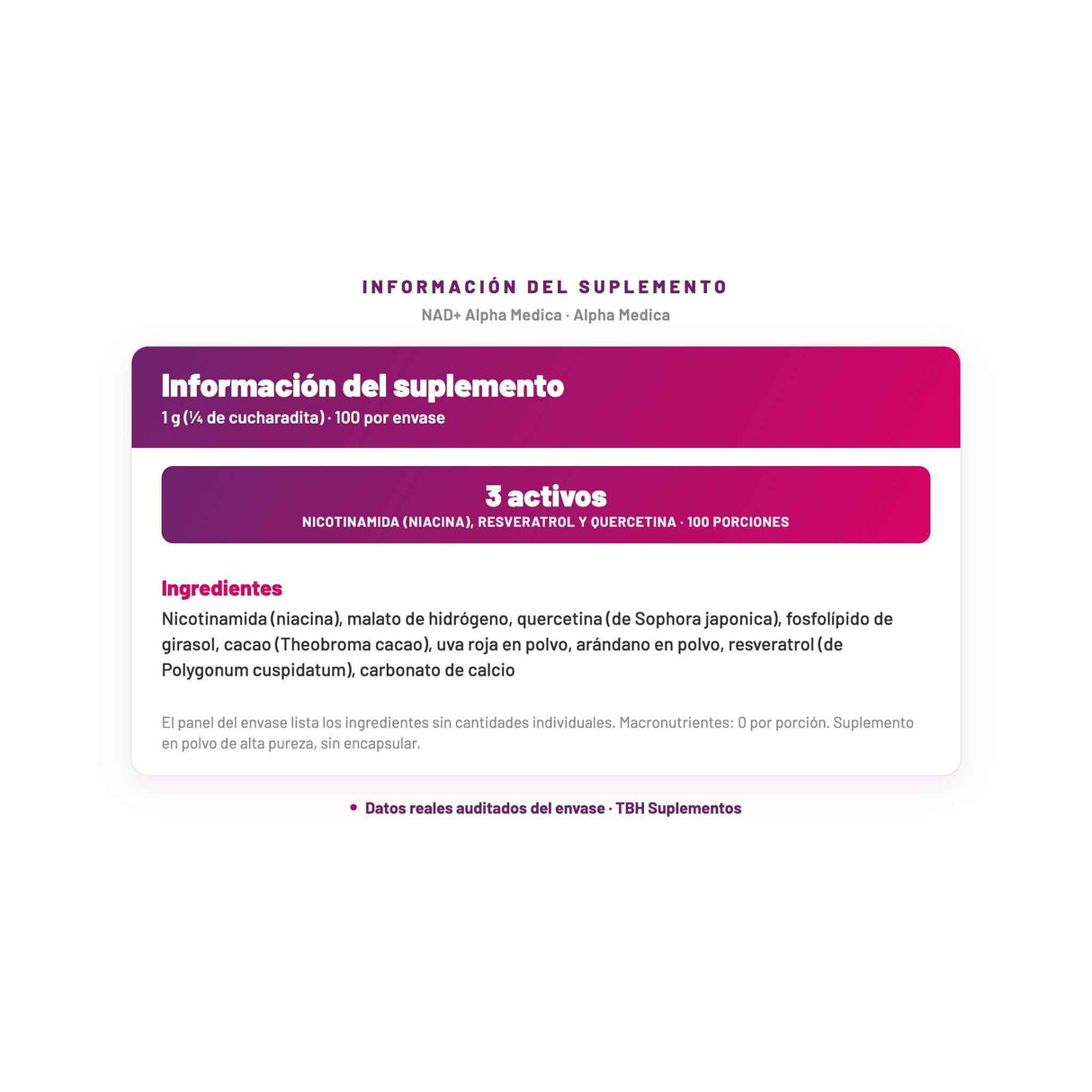 NAD+ Alpha Medica — información del suplemento por porción, datos verificados del envase