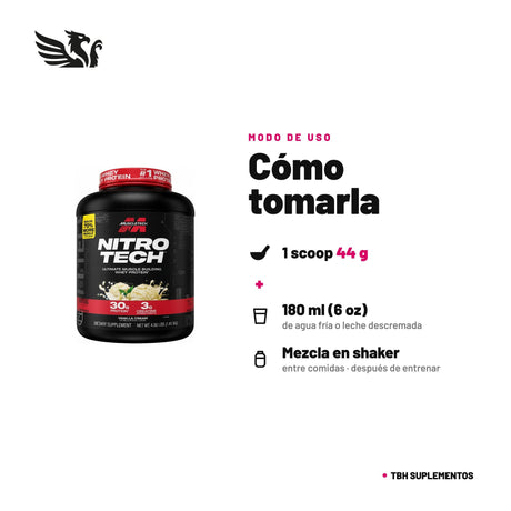Nitro-Tech MuscleTech — cómo tomarla, modo de uso: 1 scoop (44 g) en 180 ml (6 oz) de agua fría o leche descremada, en shaker. Entre comidas y después de entrenar. 100% original, envío a todo Chile.