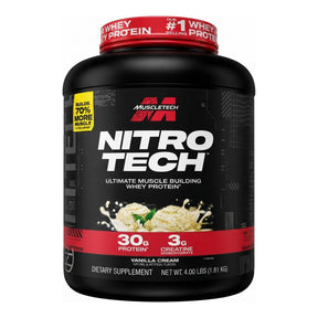 Proteína Nitro-Tech MuscleTech sabor Vanilla Cream — whey con 3 g de creatina, 30 g de proteína por porción — vista frontal del envase